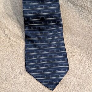 RBM Necktie Silk Geometric Square Stripe OS Navy Blue Gold Made in USA Italy SEO